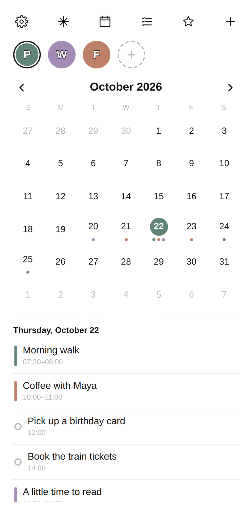 Cala’s October calendar showing personal plans, with appointments and tasks together in the day’s agenda.
